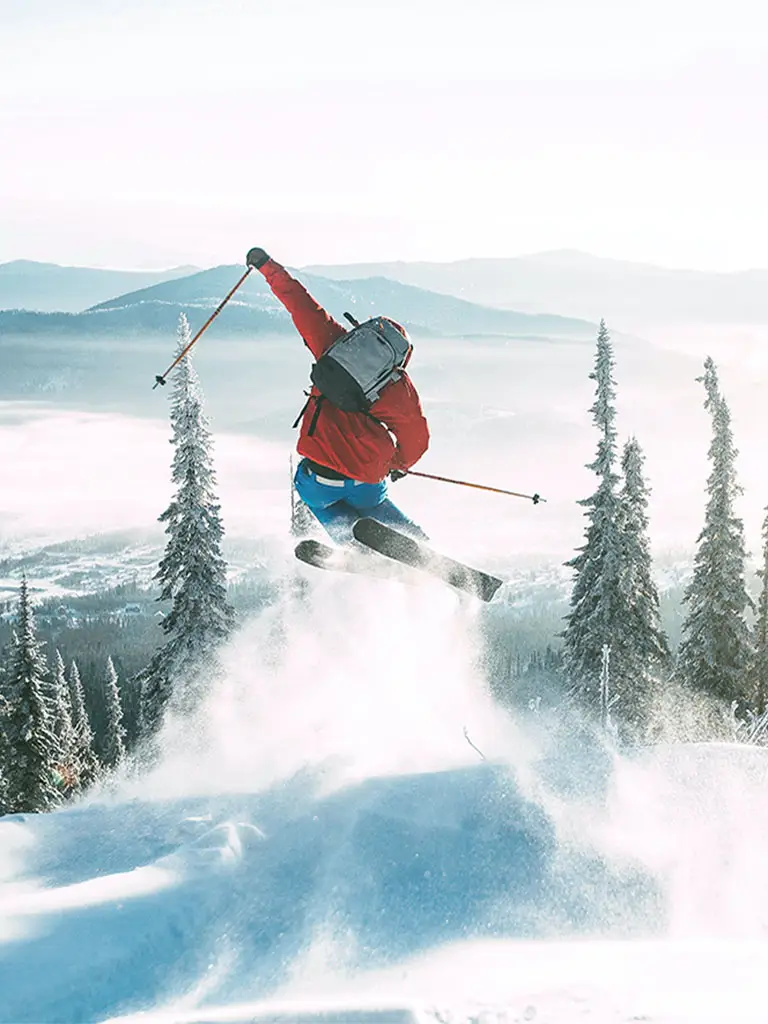 Skier jumping in powder snow and mountains and forest around. Showing a classic mountain sport.