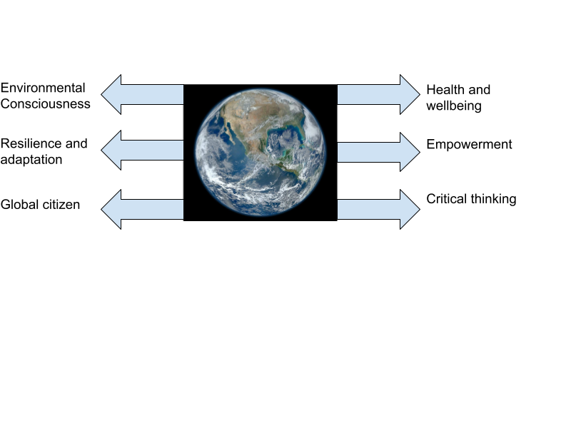 Diagram showing planet earth with 6 arrows coming off the sides, explaining the different areas of climate change education such as Critical Thinking, Resilience and Empowerment.