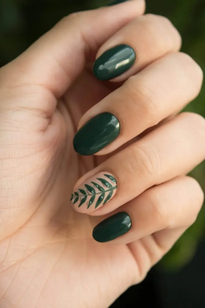 Picture of female hand showing green nail polish and a plant painted onto the ring finger nail.